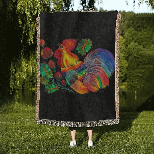Magic cock. Petrykivka painting. Rainbow rooster Woven Blankets