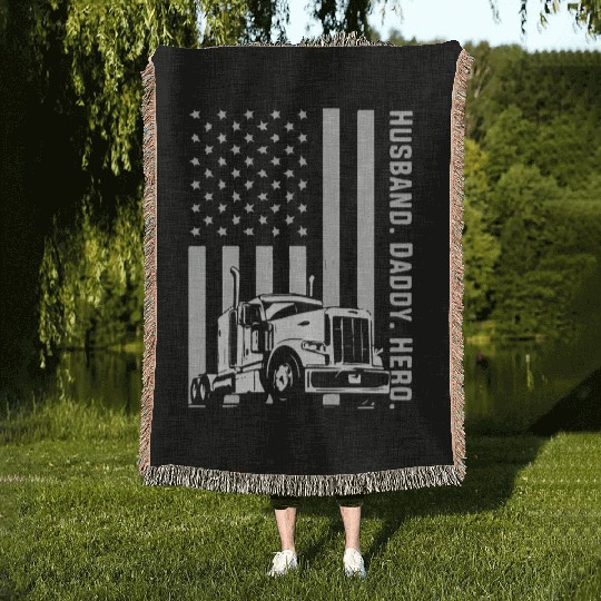 Patriotic Trucker Dad Truck Driver Woven Blankets