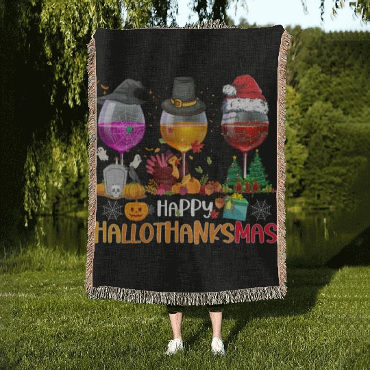 Wine Glasses Witch Santa hat Happy Hallothanksmas Woven Blankets