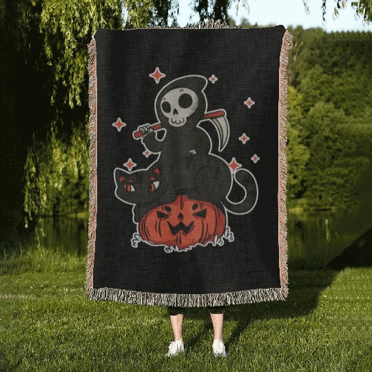 Grim Reaper On A Halloween Pumpkin A Trick Or Woven Blankets