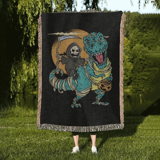 Creepy Grim Reaper Mummysaurus Trex For A Trick Or Woven Blankets