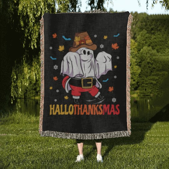 Happy Hallothanksmas Halloween Thanksgiving Santa Woven Blankets