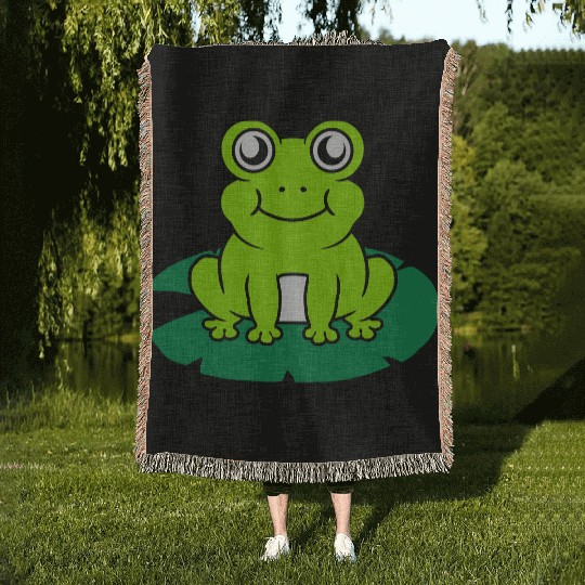 Cute frog sitting water lily Woven Blankets