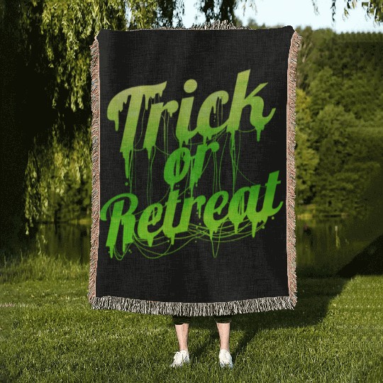 Green Spiderweb Letter Trick Or Retreat Halloween Woven Blankets