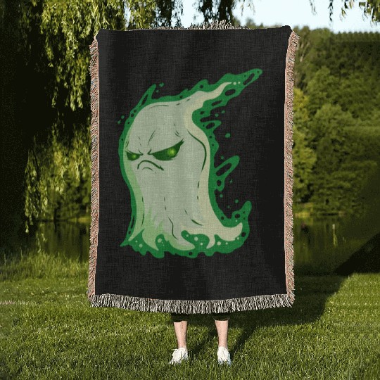 Grumpy Green Spirit Ghost On Halloween Woven Blankets