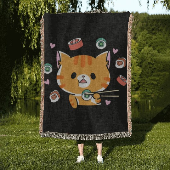 Kawaii Cat Eating Sushi Japanese Raw FoodKawaii Woven Blankets