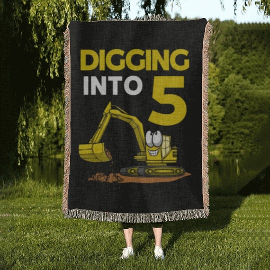 Excavator Driver Digging Into 5 Birthday Excavator Woven Blankets