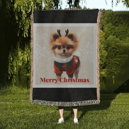 Sweet Miniature Spitz pomeranian in a Christmas. Woven Blankets