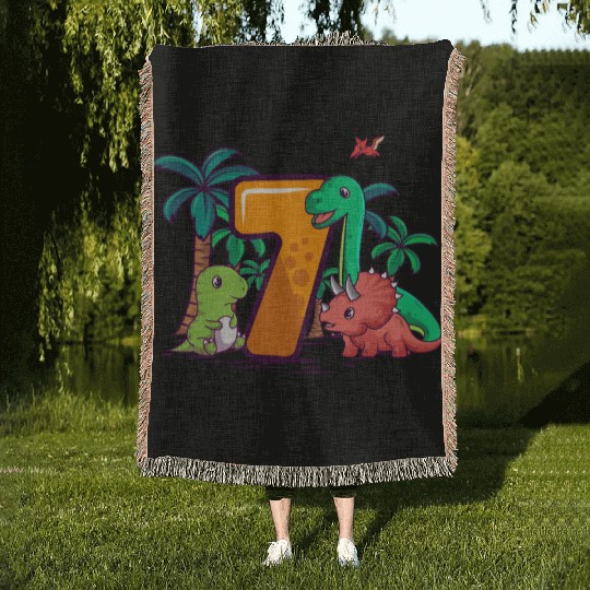 7th Birthday Trex Triceratops Dinosaur 7 Year Woven Blankets