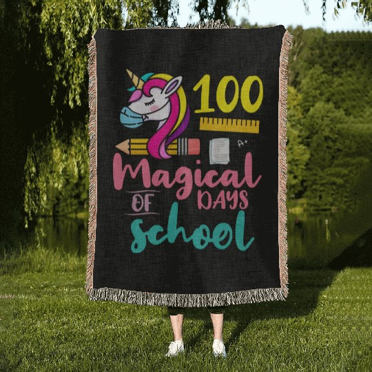 100 Magical Days of School Unicorn Teacher Studen Woven Blankets