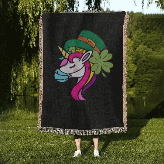 Toddler Girls St Patricks Day Rainbow Unicorn Face Woven Blankets