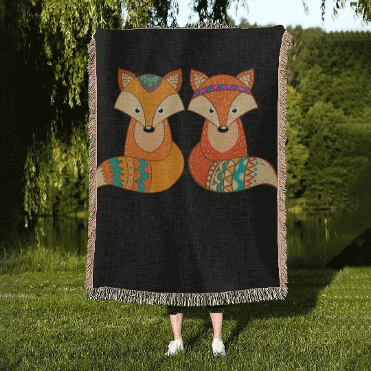 Tribal Fox Couple Wildlife Animal Lover Zookeeper Woven Blankets