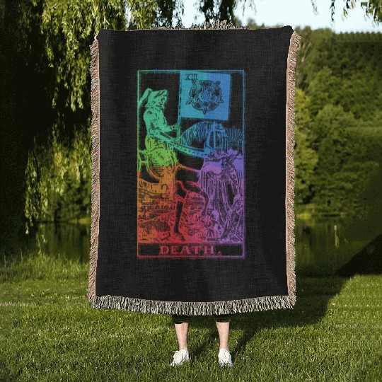 Death Tarot Card Psychic Occult Pagan Witch Rainbo Woven Blankets