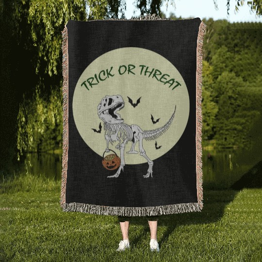 Trex Dinosaur Trick Or Threat Halloween Woven Blankets