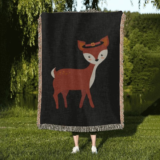 Thanksgiving Deer Wearing Pilgrim Hat Woven Blankets
