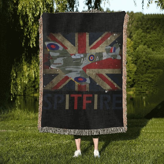 Spitfire WW2 Fighter Aircraft Airplane Union Jack Woven Blankets