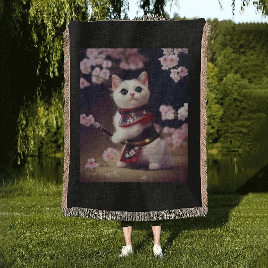 Samurai Cat Woven Blankets