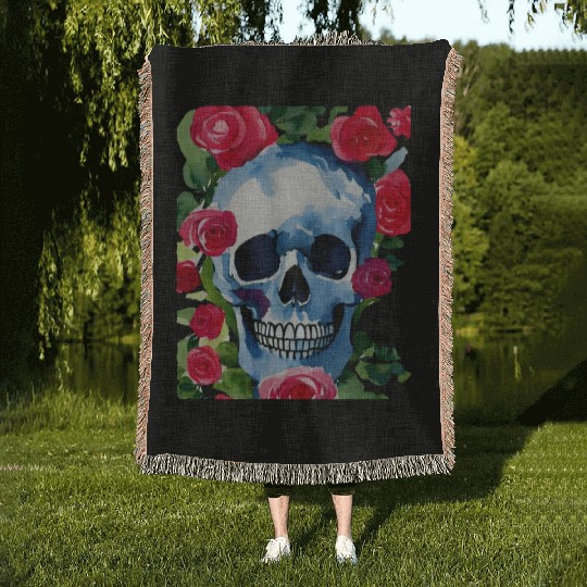 Skull and Roses - Garden Of Roses Woven Blankets