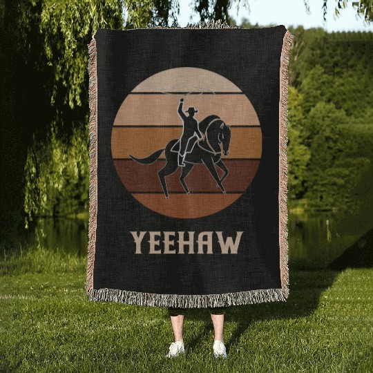 Yeehaw Cowboy Western Desert Cowgirl Horseback Woven Blankets