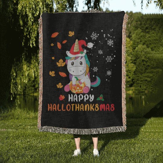 Unicorn Lover Halloween Happy Hallothanksmas Woven Blankets