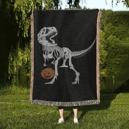 Skeleton T Rex & Pumpkin - Halloween Woven Blankets