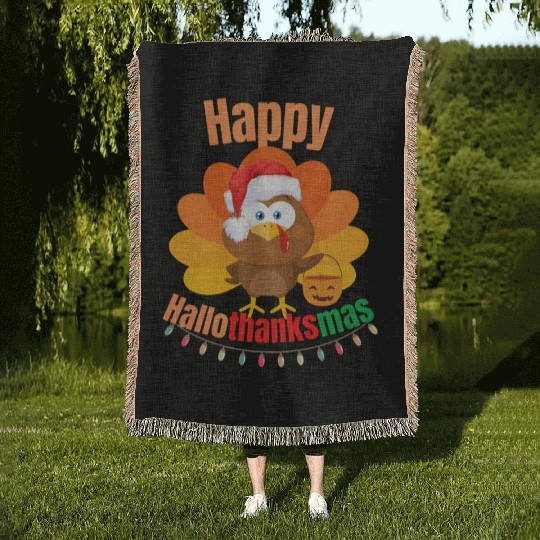 Happy Hallothanksmas Trick or Treat Santa Turkey Woven Blankets
