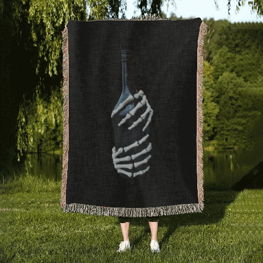 Halloween Skeleton Hand holds wine Bottle Minimal Woven Blankets