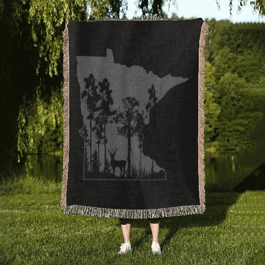 Proud Minnesota Deer Hunter State Map Outline Woven Blankets