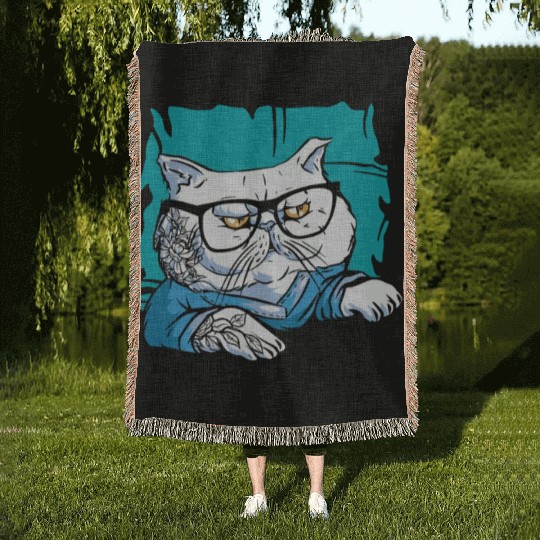 Stylish Nerd Persian Cat Beanie Glasses Tattoo Woven Blankets