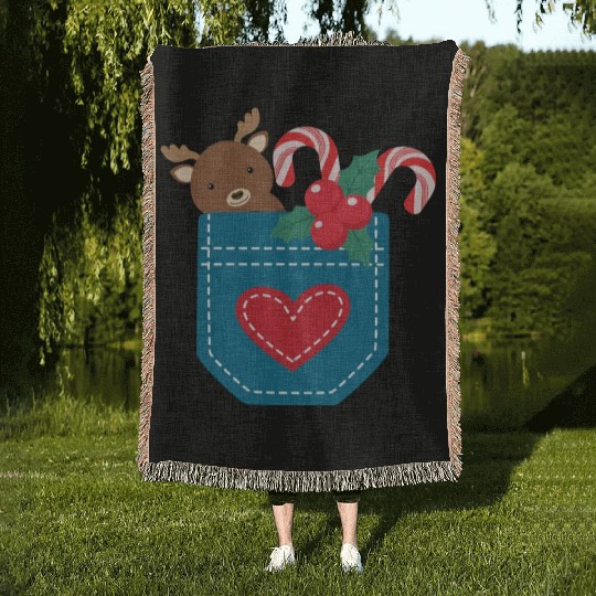 Christmas moose peppermint pocket Woven Blankets