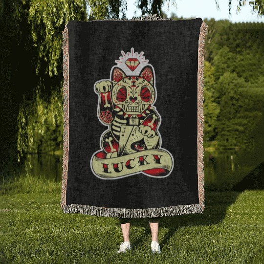 lucky cat Skull Candy Woven Blankets