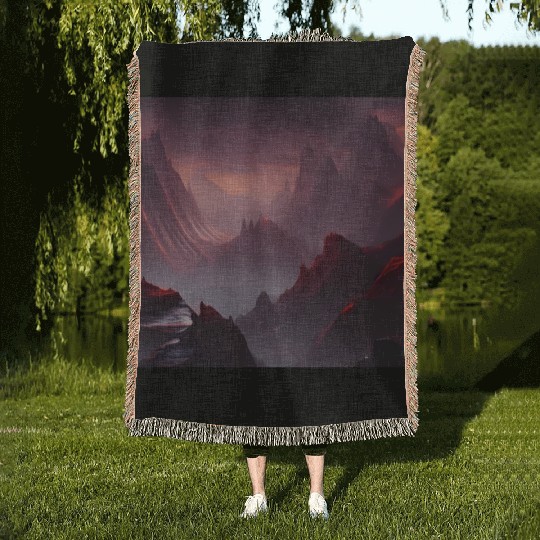 Lonely Red Mountains on an Alien Planet Abstract Woven Blankets