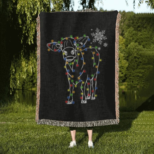 Cow Christmas Light Tree Cow Xmas Snow Lover Woven Blankets