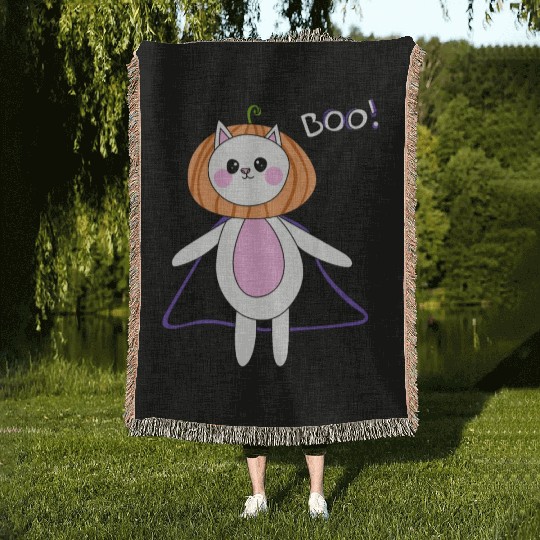 cute cat in halloween melon costume Woven Blankets