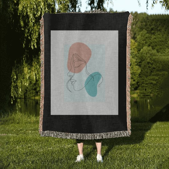 beige minimalist woman line art Woven Blankets