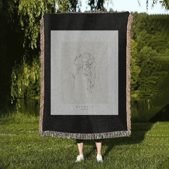 beige minimalist woman line art Woven Blankets