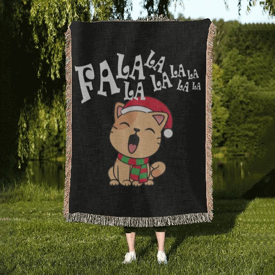 Cute Christmas Cat Singing Fa la la la Song Woven Blankets