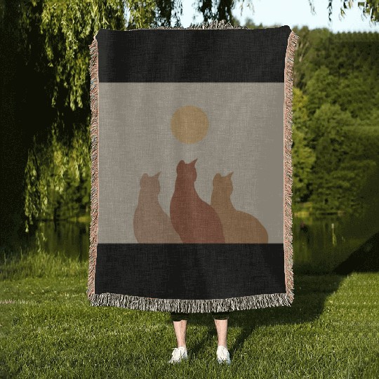 Abstract Boho Cats Relaxed Aesthetic Beige Minimal Woven Blankets
