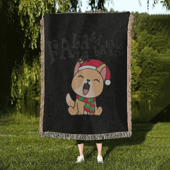Cute Christmas Dog Singing Fa la la la Song Woven Blankets