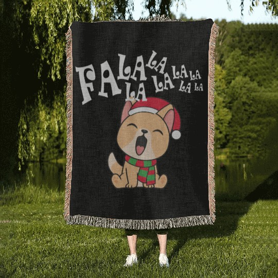 Cute Christmas Dog Singing Fa la la la Song Woven Blankets