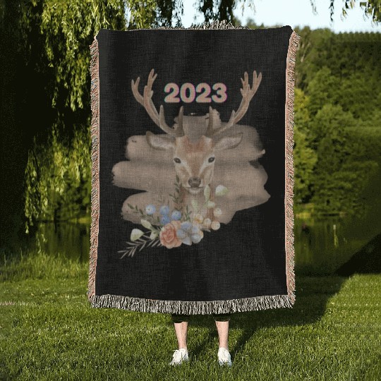 Brown Beige Watercolor Illustrated Deer Woven Blankets