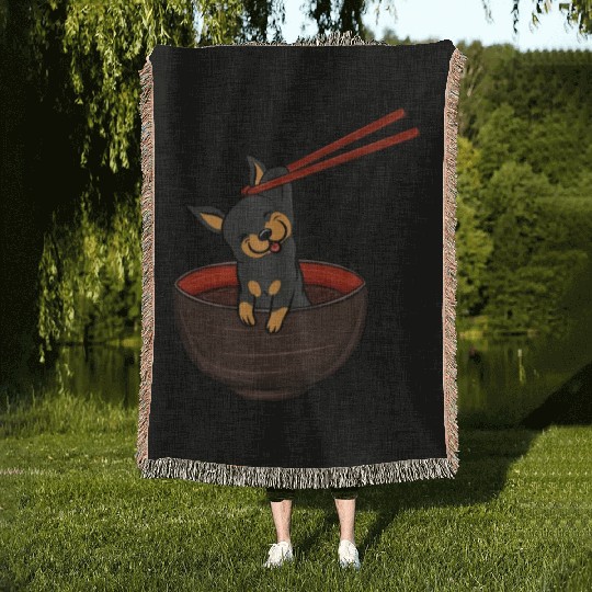 Miniature Pinscher Dipping Noodles Woven Blankets