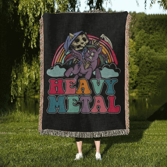 Heavy Grim Unicorn Rainbow Metal Music Lover Rock Woven Blankets