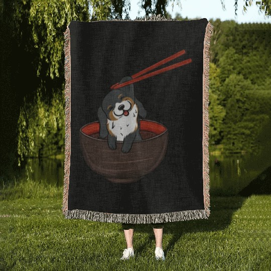 Bernese Mountain Dog Dipping Noodles Woven Blankets