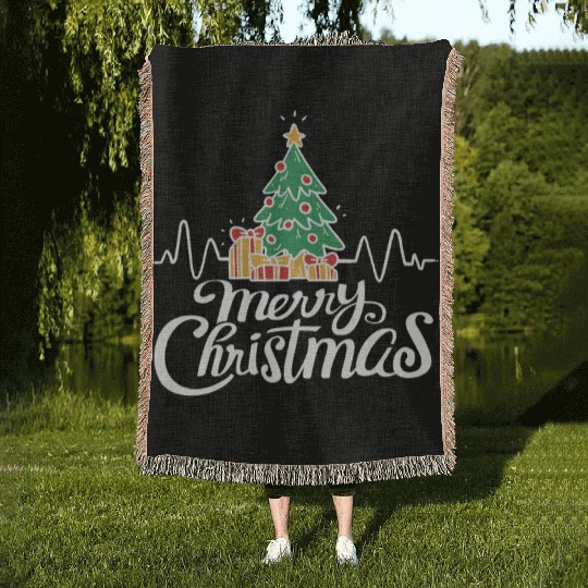Funny Christmas Tree Heartbeat Merry X-mas Woven Blankets