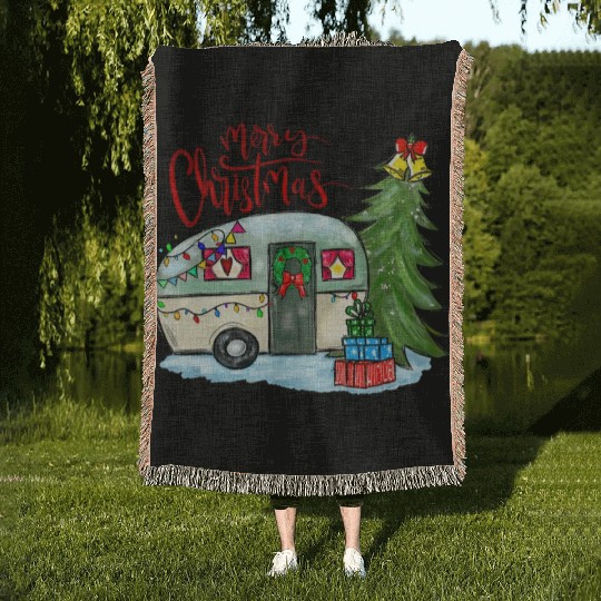 Merry Christmas Happy Camper Funny Camping Life Woven Blankets