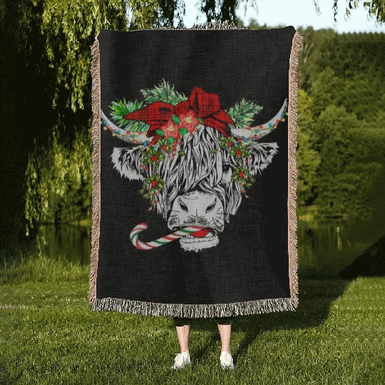 Christmas Highland Cow Merry Christmas Woven Blankets