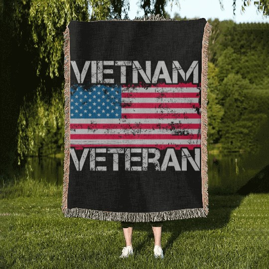 Vietnam Veteran Vintage Us Flag Military Vet Woven Blankets