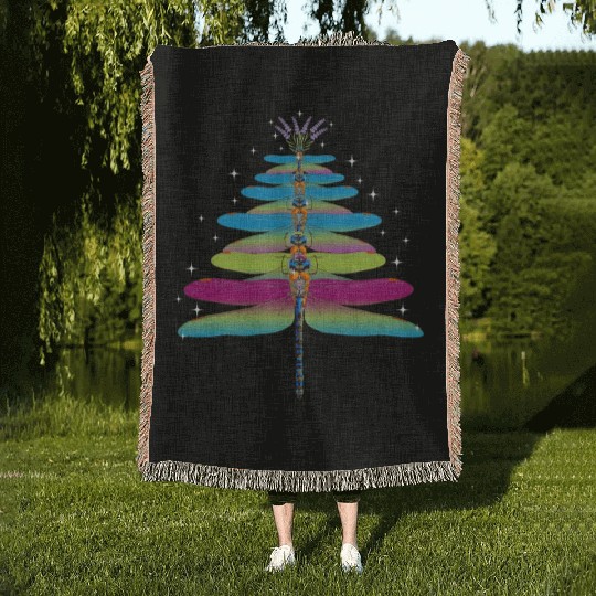 Dragonfly Christmas Tree Funny Insects Lover Xmas Woven Blankets