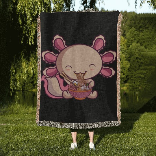 Kawaii Axolotl Eating Ramen Japanese Noodles Anime Woven Blankets